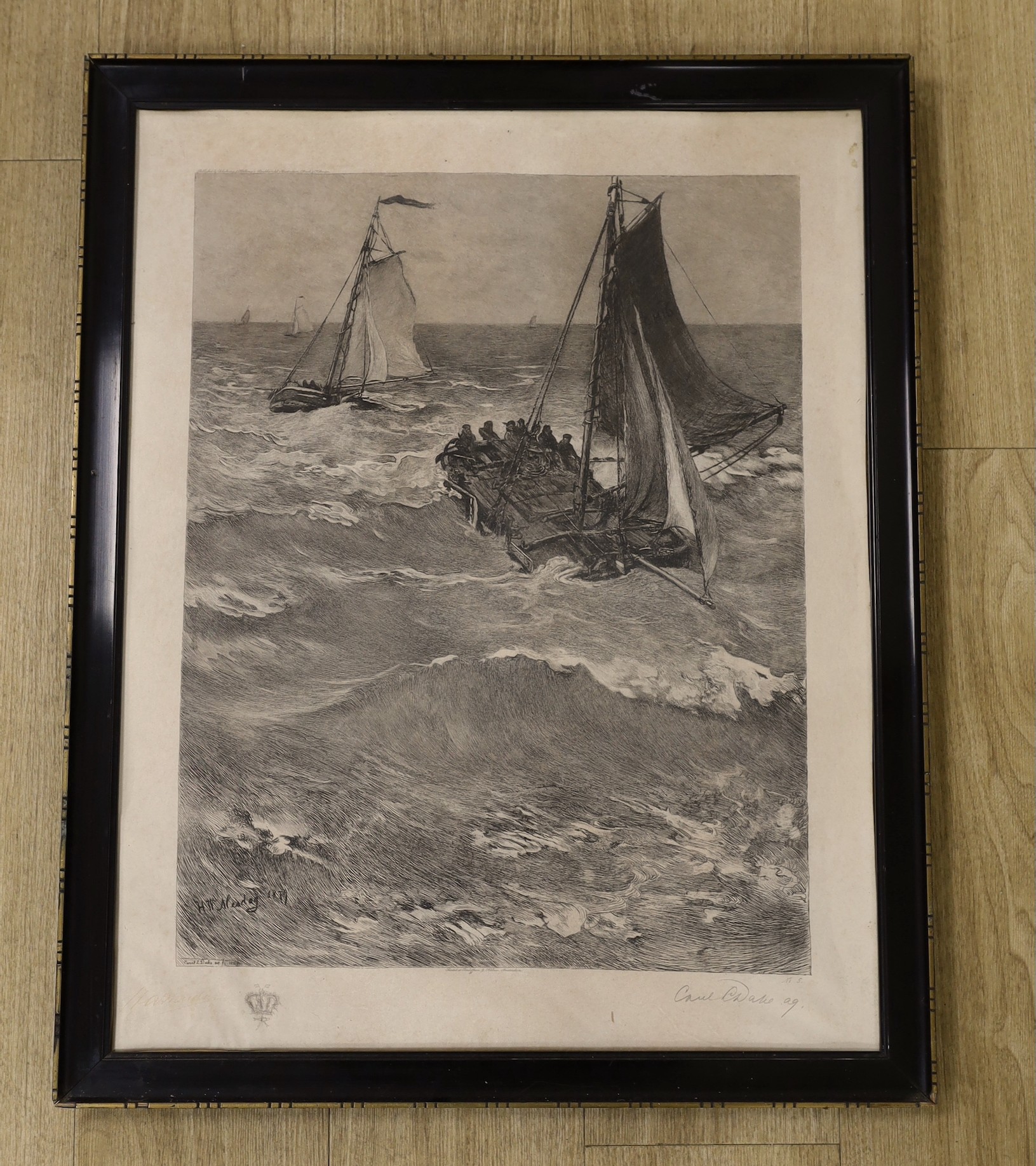 After, Hendrik Willem Mesdag, engraving, Scheveningen boats in the surf, signed Carel L. outside the plate, published by Roeloffzen & Hübner, Amsterdam, 68 x 53cm